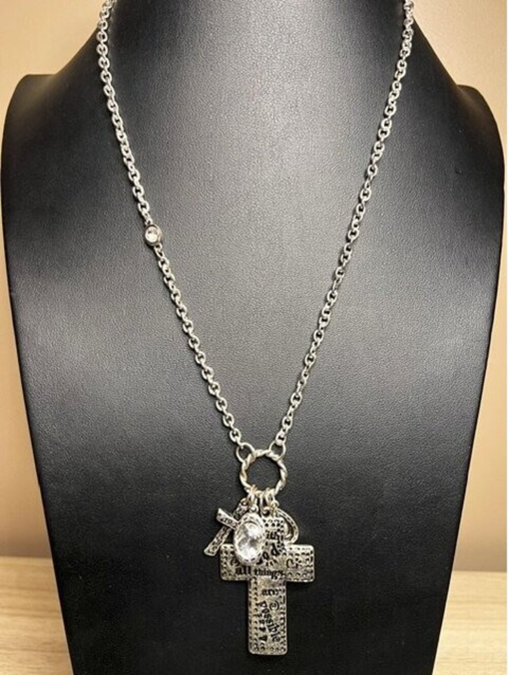 B6141 C1946 Cross Charm Long Necklace Silver Tone Rhinestone 30"